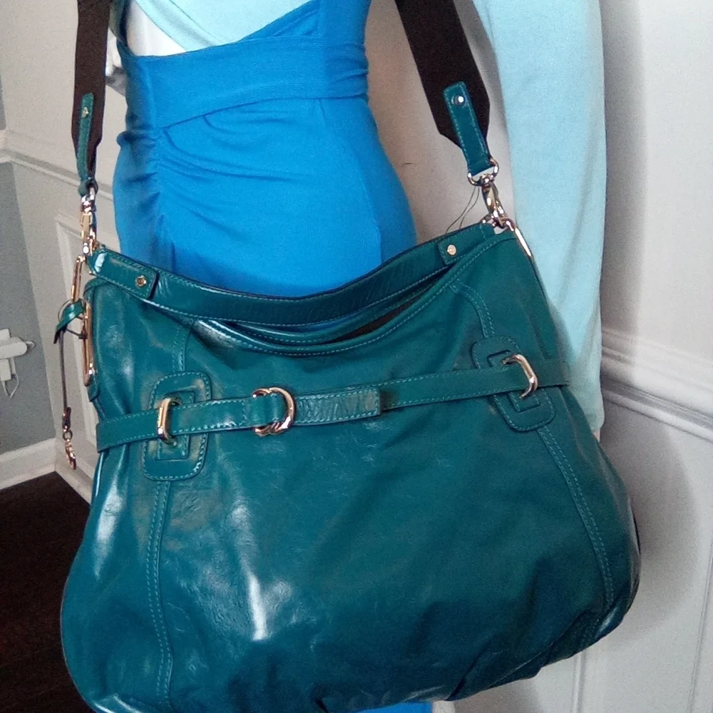 Teal Leather Shoulder Bag with removable Crossbody Strap.